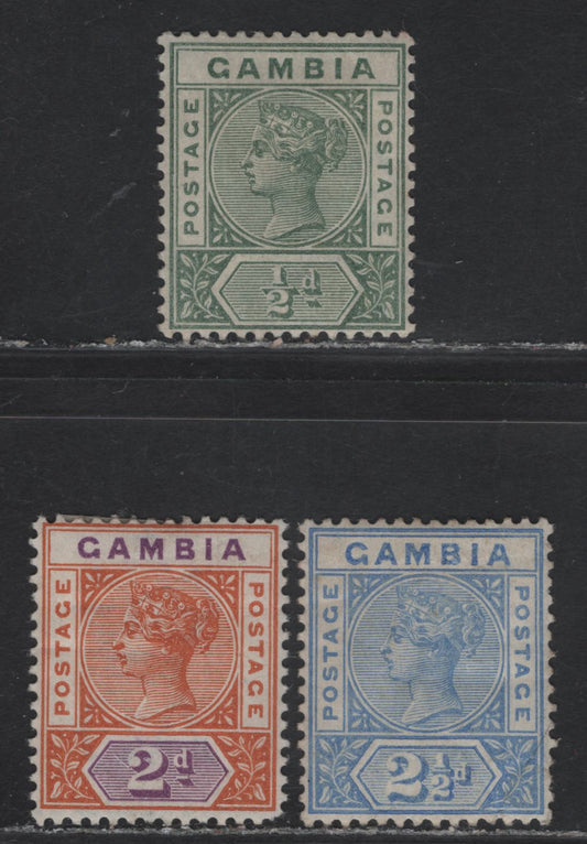 Lot 36 (C) Gambia SG#37, 39-40 1/2d - 2.5d Dull Green - Ultramarine Queen Victoria, 1898-1902 Queen Victoria Imperium Keyplates , 3 F/VFOG Singles