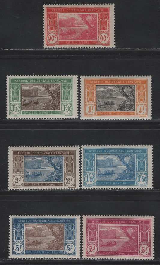 Lot 361 Ivory Coast SC#70-73, 75-77 90c - 5fr Brown & Red Rose - Dark Blue & Chocolate River Scene, 1913-1935 River Scene Keyplate Issue, 7 F/VFOG Singles