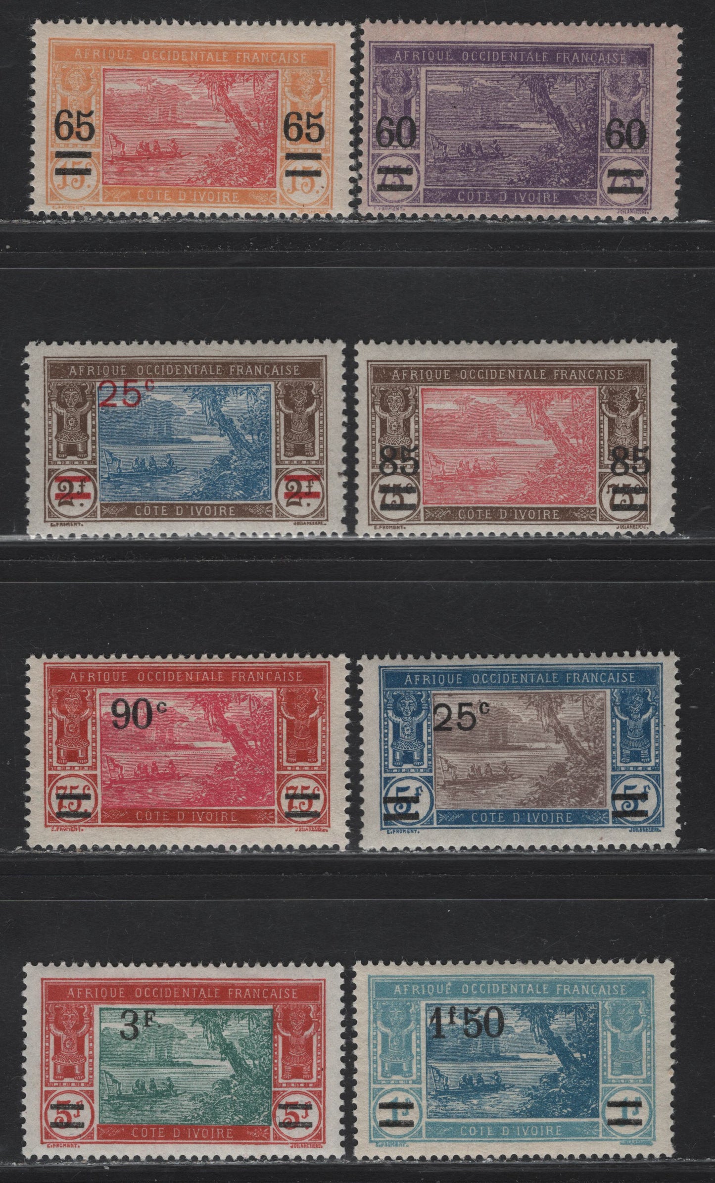 Lot 362 Ivory Coast SC#81-86, 88-89 60c on 75c - 3fr on 5fr Violet on Pinkish - Brown Red & Blue Green River Scene, 1922-1927 Surcharged Issue, 8 F/VFOG Singles