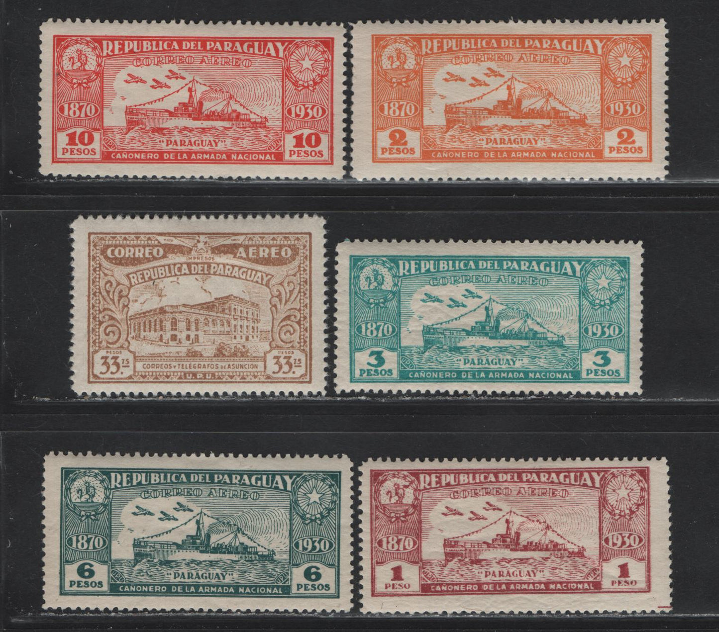 Lot 373 Paraguay SC#C39, C41, C46, C49, C87 1p - 33.75p Claret - Bistre Brown , 1931-1937 Airmail Issue, 6 VFOG Singles