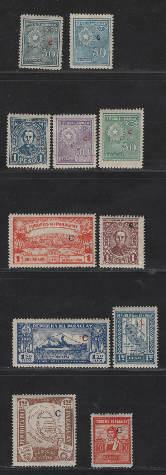 Lot 374 Paraguay SC#L14-L16, L20-L21, L25, L32-L34, L37 50c - 10p Light Blue - Vermillion Arms, 1927-1939 Arms Definitive & Overprinted 'C' for Interior Offices Issues, 10 VFOG Singles