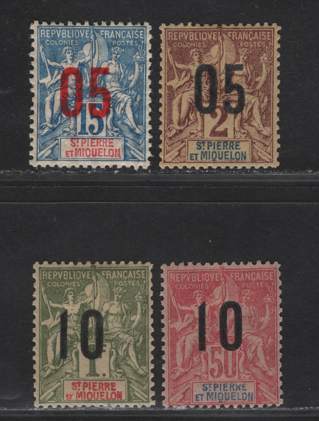 Lot 380 St. Pierre & Miquelon SC#110, 112, 118, 120 3c on 2c - 10c on 1fr Brown on Buff - Bronze Green on Straw , 1912 Surcharge Issue, 4 VFOG Singles