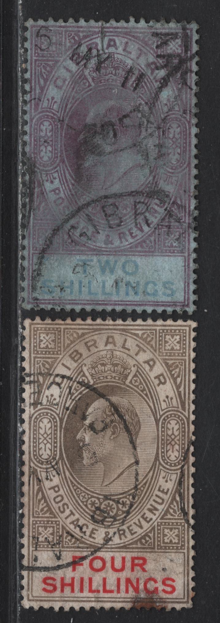 Lot 38 (C) Gibraltar SG#72-73 2/- - 4/- Purple & Bright Blue on Blue - Gray Black & Carmine King Edward VII, 1906-1911 King Edward VII Issue, 2 Fine Used Singles, Multiple Crown CA Wmk, High Values With Slight Faults