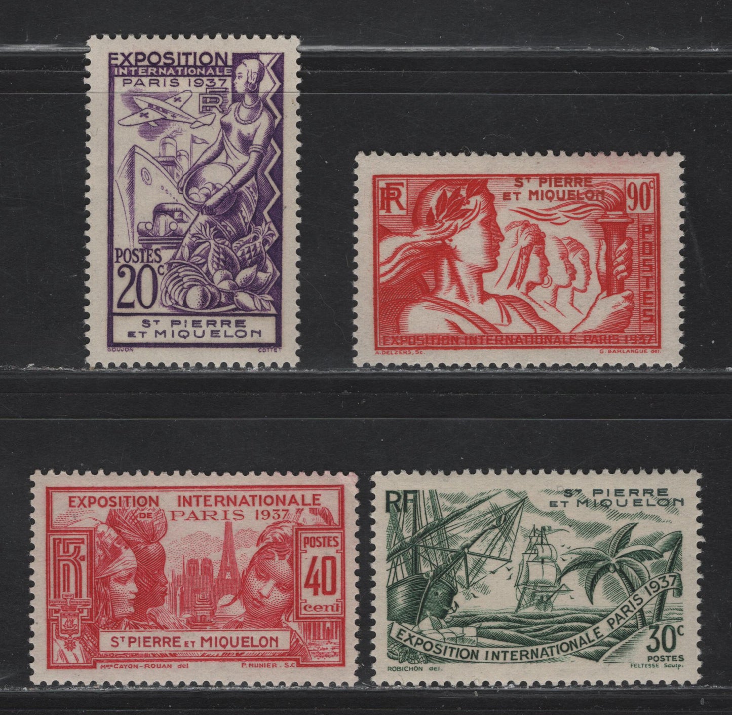 Lot 382 St. Pierre & Miquelon (C) SC#165-167, 169 20c - 90c Deep Violet - Red Colonial Resources - Cultural Treasures, 1937 Paris International Exposition Issue, 4 VFNH Singles
