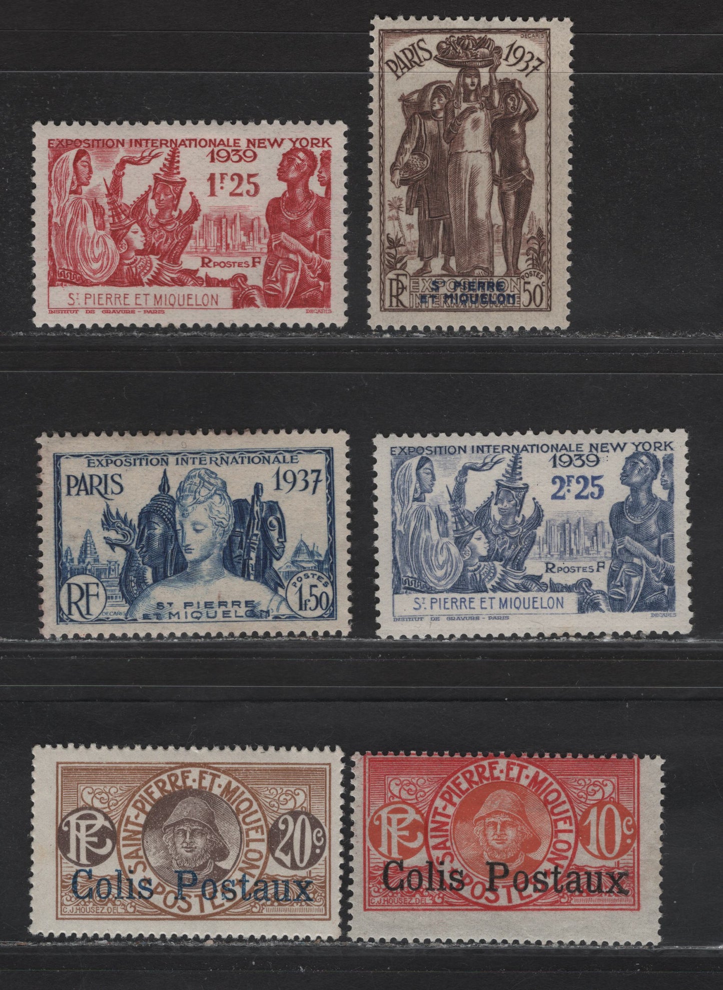 Lot 383 St. Pierre & Miquelon (C) SC#168, 170, 205-206, Q3-Q4 50c - 20c Dark Brown & Blue - Bistre Brown & Violet Fisherman - Cultural Treasures, 1917-1925 Parcel Post - Paris International Exposition Issue, 6 F/VFOG Singles, Only Traces Of Gum On #170