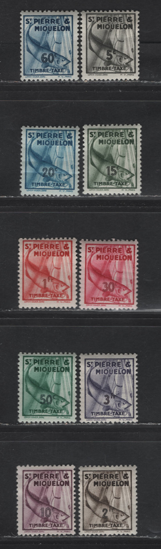 Lot 384 St. Pierre & Miquelon (C) SC#J32-J41 5c - 3fr Gray Black - Dull Violet Codfish, 1938 Codfish Postage Dues, 10 F/VFOG Singles