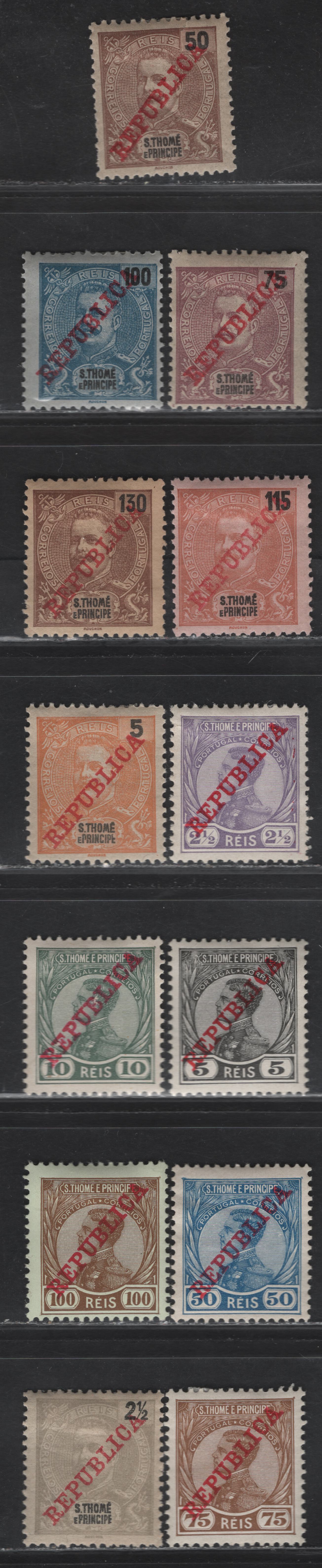 Lot 385 St. Thomas & Prince SC#106-108, 111-113, 91-92, 97-101 2.5r - 100r Gray - Brown on Light Green King Carlos - King Manuel II, 1911-1912 Republica Overprinted Issues, 13 F/VFOG Singles