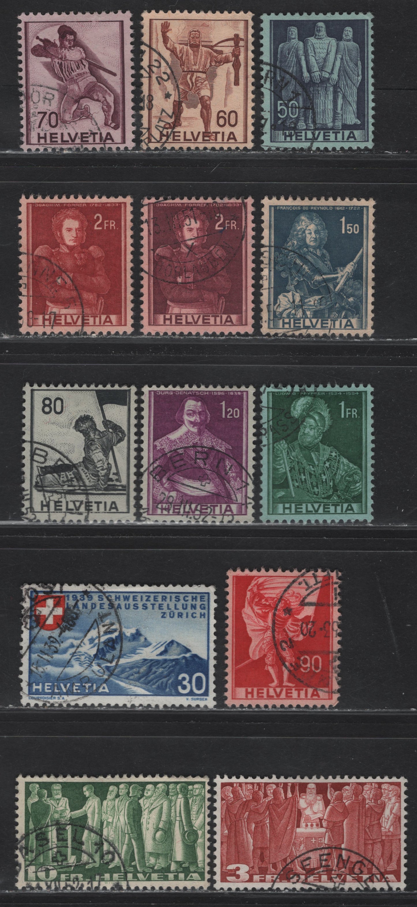 Lot 387 Switzerland SC#252, 270-278a, 284, 286 30c - 10fr Deep Blue & Red - Green National Exposition - Citizens Voting, 1939-1955 National Exposition - High Value Definitive Issues, 13 Very Fine Used Singles