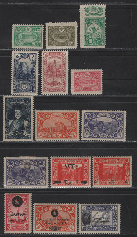 Lot 391 Turkey SC#147, 237, 239-240, 254, 257, 420, 421a, 438, 545A, 548A, 565, 571, 566, 570 10pa - 1pi Blue Green - Dull Violet Constitution - Accession Of Mohammed VI, 1908-1919 Granting Of Constitution - Mohammed VI Issues, 15 F/VFOG Singles