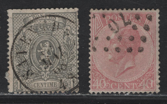 Lot 4 Belgium SC#21, 24a 1c - 40c Gray & Rose Arms & Leopold, 1867 Arms & leopold Surface Printed Issues, 2 Very Good/Fine Used Singles, Perf 15