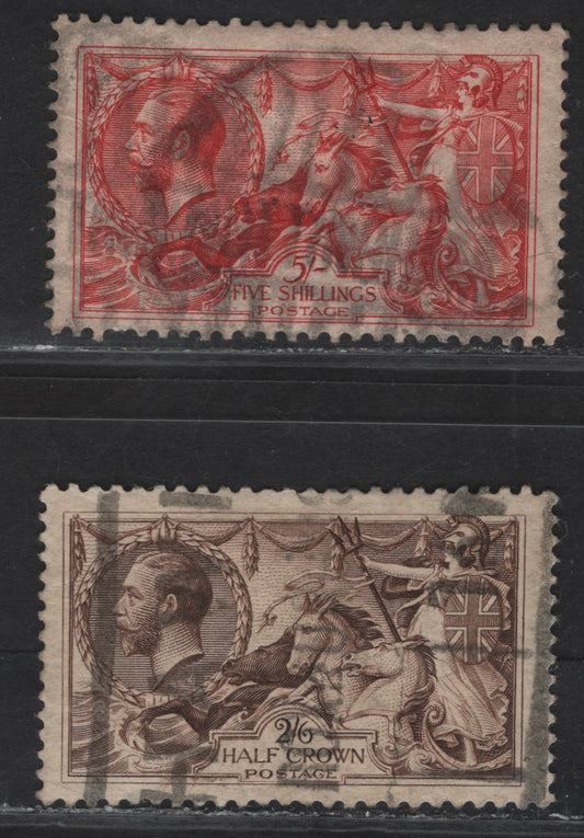 Lot 46 (C) Great Britain SG#415, 416 2/6 - 5/- Chocolate Brown - Rose Red Seahorses, 1918-1919 Seahorses Issue, 2 Very Good/Fine Used Singles, Bradbury Wilkinson Printings, Some Light Wrinkles