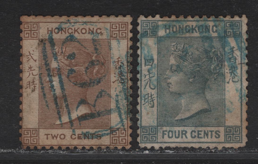 Lot 48 (C) Hong Kong SG#1a, 9b 2c - 4c Deep Brown Queen Victoria, 1862-1871 Queen Victoria Keyplate Issue, 2 Very Good/Fine Used Singles, Unwatermarked (2c) & Crown CC Wmk (4c)