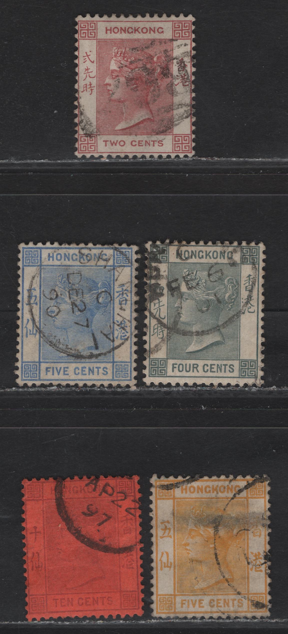 Lot 53 (C) Hong Kong SG#Z728, 32, 34, 38, 58 2c - 10c Rose-Lake - Purple on Red Queen Victoria, 1882-1901 Queen Victoria Issue, 5 Fine/Very Fine Used Singles, Crown CA Wmk