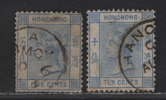 Lot 54 (C) Hong Kong SG#Z34, Z817 5c - 10c Ultramarine Queen Victoria, 1882-1900 Queen Victoria Issue, 2 Fine/Very Fine Used Singles, Crown CA Wmk, Amog & Shanghai Cancels