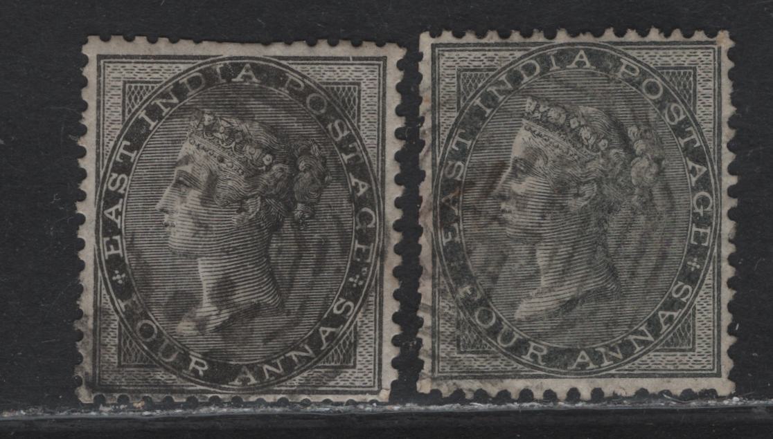 Lot 62 (C) India SG#45-46 4a Black & Gray Black Queen Victoria, 1856-1864 Queen Victoria Keyplates Issue, 2 Very Good/Very Fine Used Singles, Unwatermarked, Light Cancels For This