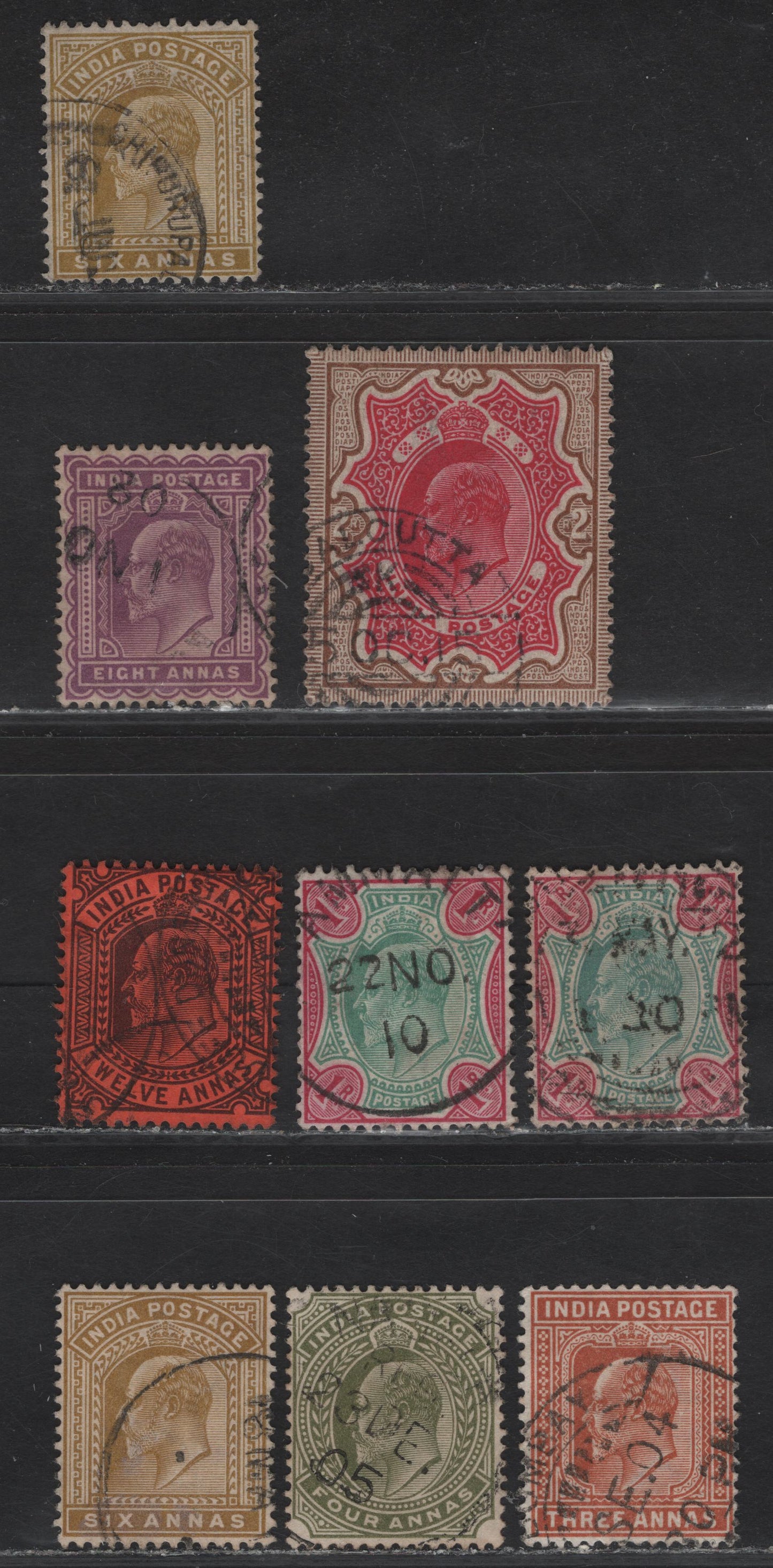 Lot 64 (C) India SG#127-128, 131-132, 134-136, 139 3a - 2r Orange Brown - Carmine & Yellow Brown King Edward VII, 1902-1910 King Edward VII Keyplates Issue, 8 Fine/Very Fine Used Singles