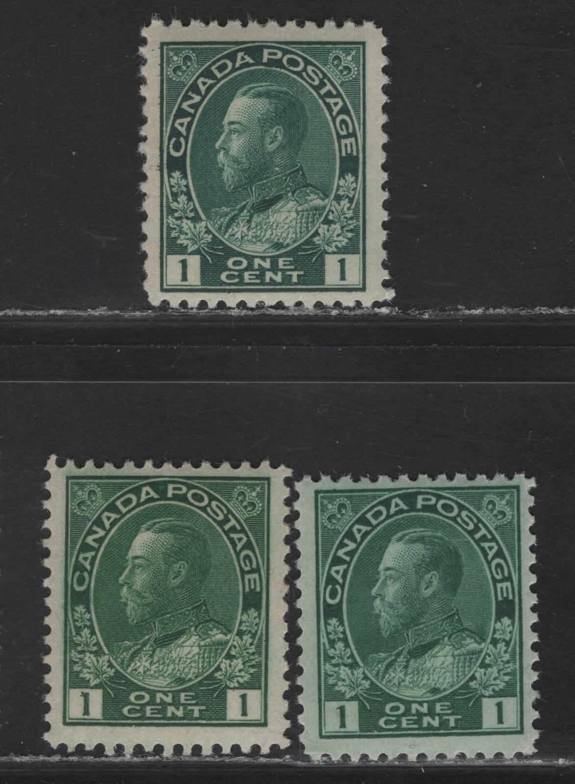 Lot 67 (C) Canada  #104ii, 104b, 104 1c Dark Green, Deep Yellowish Green & Bluish Green King George V, 1911-1925 Admiral Issue, 3 FNH Singles, Papers ABN-E & ABN-YYY, Retouched Framelines