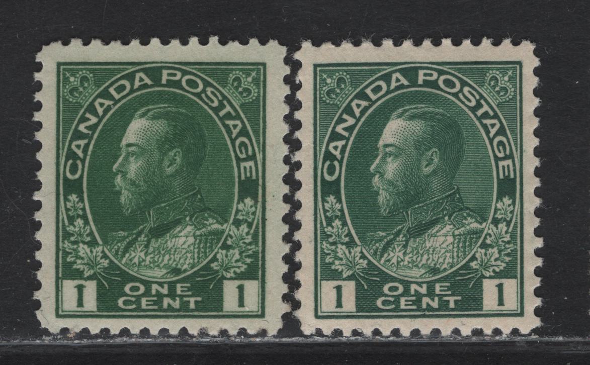 Lot 68 (C) Canada  #104, 104i 1c Dark Green & Dark Yellowish Green King George V, 1911-1925 Admiral Issue, 2 VFOG Singles, Paper ABN-E, Perfs 11.9x11.8 & 11.9