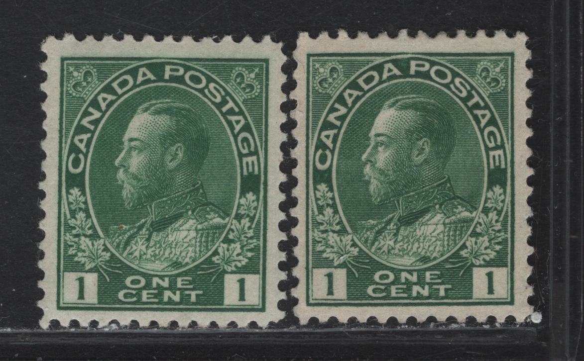 Lot 69 (C) Canada  #104, 104i 1c Bright Green & Green King George V, 1911-1925 Admiral Issue, 2 VFOG Singles, Paper ABN-E, Retouched Frameline, Perfs 11.9 & 12x11.9.