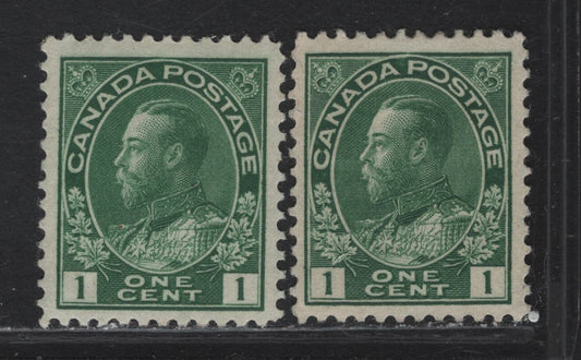 Lot 69 (C) Canada  #104, 104i 1c Bright Green & Green King George V, 1911-1925 Admiral Issue, 2 VFOG Singles, Paper ABN-E, Retouched Frameline, Perfs 11.9 & 12x11.9.