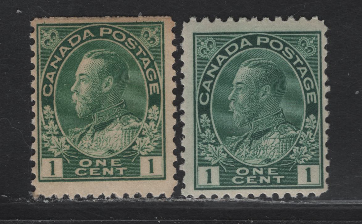 Lot 70 (C) Canada  #104ii, 104b 1c Deep Bright Yellow Green & Blue Green King George V, 1911-1925 Admiral Issue, 2 FNH Singles, Paper ABN-E, Normal & Retouched Framelines, Perfs 12.1x11.9 & 11.9.
