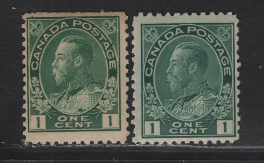 Lot 70 (C) Canada  #104ii, 104b 1c Deep Bright Yellow Green & Blue Green King George V, 1911-1925 Admiral Issue, 2 FNH Singles, Paper ABN-E, Normal & Retouched Framelines, Perfs 12.1x11.9 & 11.9.