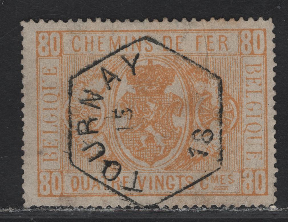Lot 7 Belgium SC#Q5 80c Yellow Arms, 1879-1882 Arms Railway Issue, A Good Used Single, Two Visible Diagonal Creases & Short Perfs At Bottom