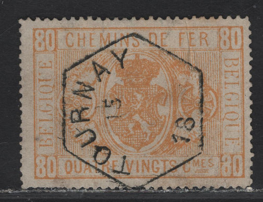 Lot 7 Belgium SC#Q5 80c Yellow Arms, 1879-1882 Arms Railway Issue, A Good Used Single, Two Visible Diagonal Creases & Short Perfs At Bottom
