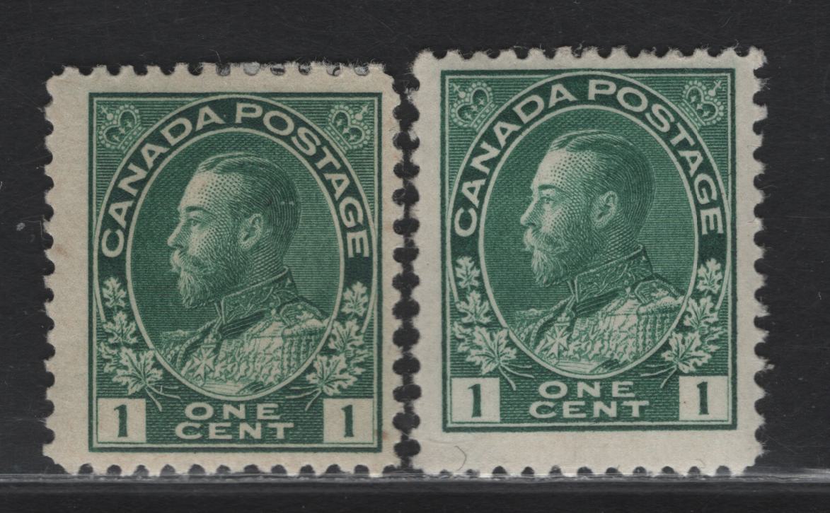 Lot 71 (C) Canada  #104 1c Dark Green King George V, 1911-1925 Admiral Issue, 2 FOG Singles, Paper ABN-E, Retouched Frameline, Perfs 12.1x12 & 12x11.9.