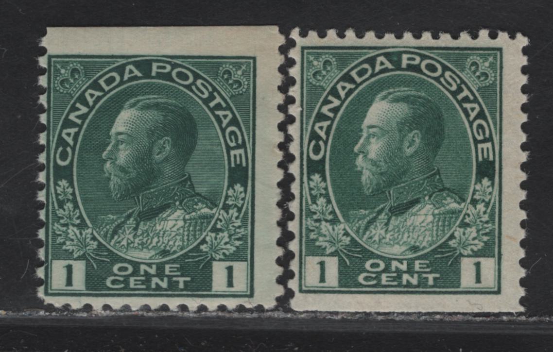 Lot 77 (C) Canada  #104as, 104aiis 1c Dark Green - Deep Blue Green King George V, 1911-1925 Admiral Issue, 2 VG/FNH Singles, Papers ABN-E & ABN-FFF, Retouched Frameline, Perfs 12x11.8 & 11.8x12, Squat Printing.