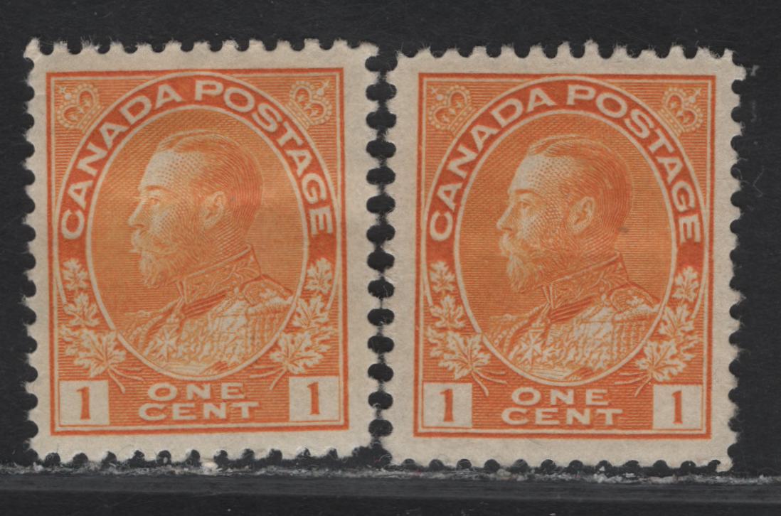 Lot 79 (C) Canada  #105i 1c Orange Yellow & Bright Yellow King George V, 1911-1925 Admiral Issue, 2 F/VFOG Single, Wet Printings, Die 1, Paper ABN-E, Perfs 12 & 11.9x12.