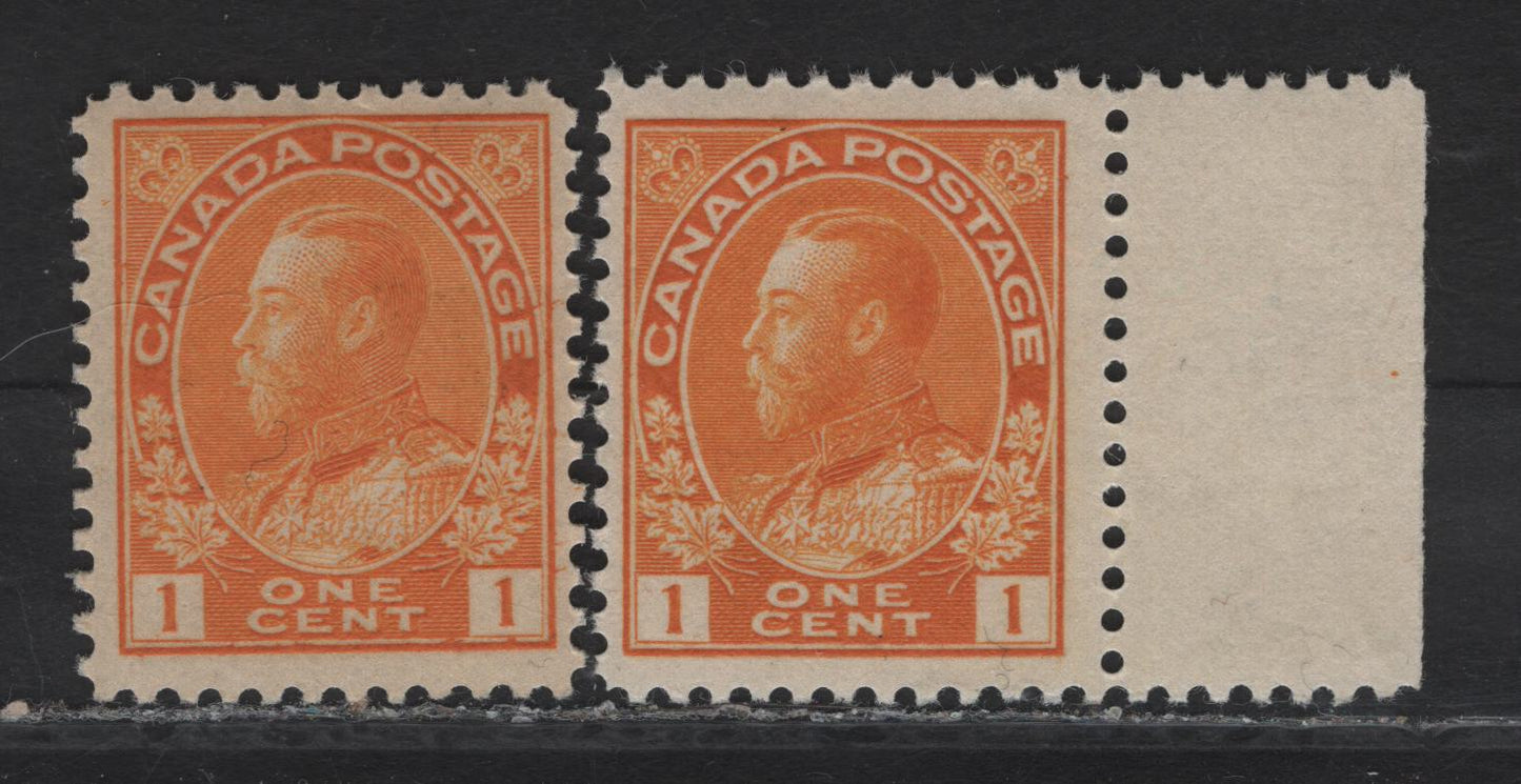 Lot 82 (C) Canada  #105 1c Yellow Orange & Bright Yellow Orange King George V, 1911-1925 Admiral Issue, 2 FNH Single, Wet Printings, Die 1, Retouched Frameline, Paper ABN-E, Perf 11.9 & 12x11.9.