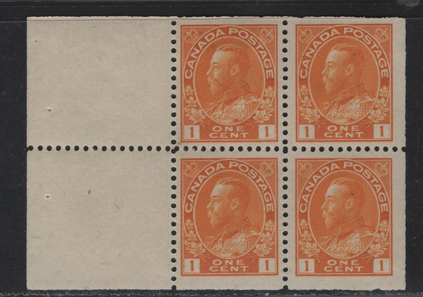 Lot 84 (C) Canada  #105a 1c Yellow Orange King George V, 1911-1925 Admiral Issue, A FOG Booklet Pane Of 4 + 2 Labels, Wet Printing, Die 1, Retouched Frameline, Paper ABN-E, Perf 11.9.
