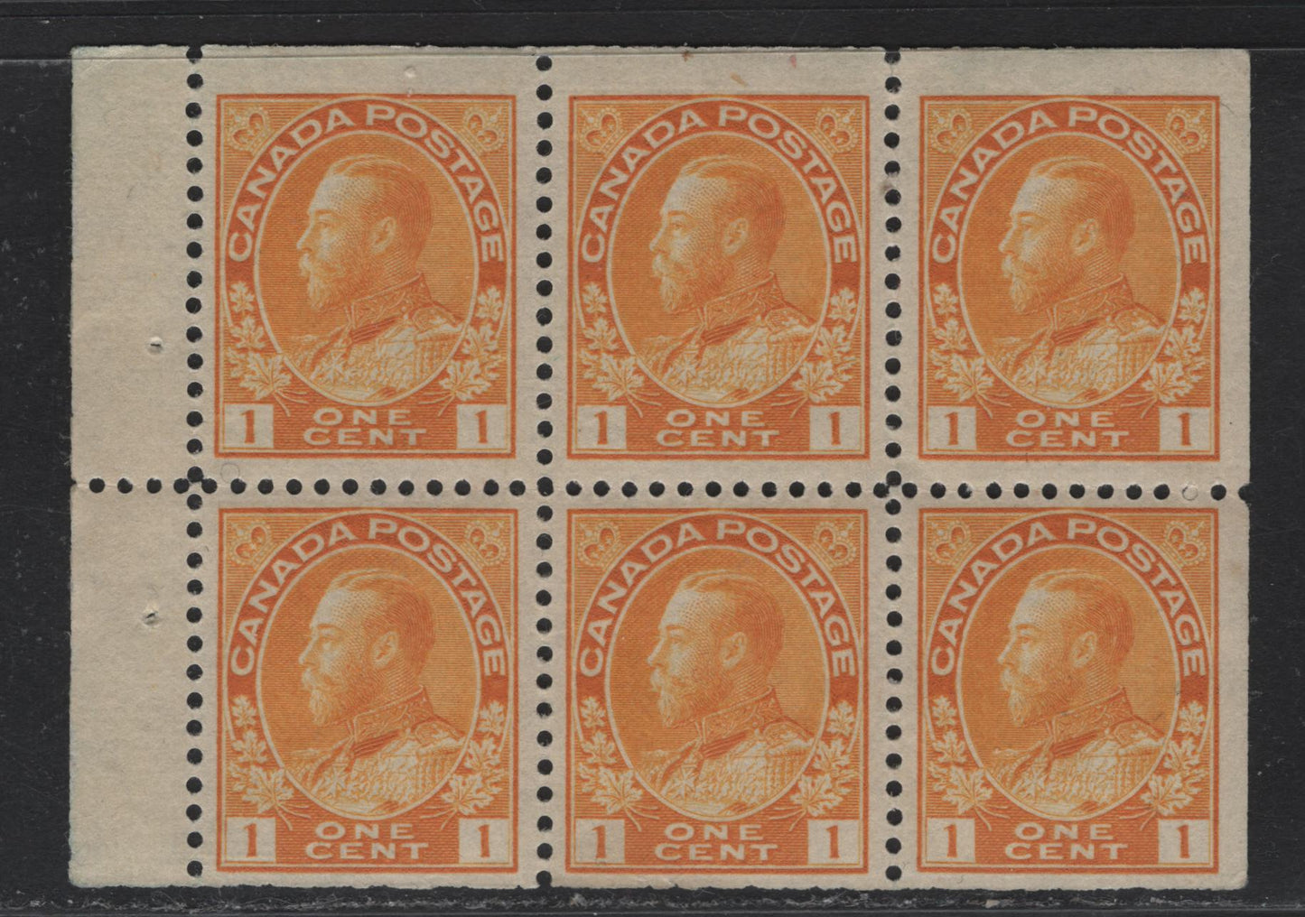 Lot 86 (C) Canada  #105b 1c Lemon Yellow King George V, 1911-1925 Admiral Issue, A VFOG Booklet Pane Of 6, Wet Printing, Die 1, Retouched Frameline, Paper ABN-E, Perf 11.9.