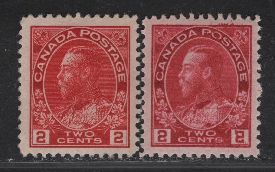 Lot 91 (C) Canada  #106, 106c 2c Bright Carmine & Deep Rosine King George V, 1911-1925 Admiral Issue, 2 VFOG Singles, Paper ABN-E, Retouched Frameline, Perf 12x11.9 & 12.1x11.9.