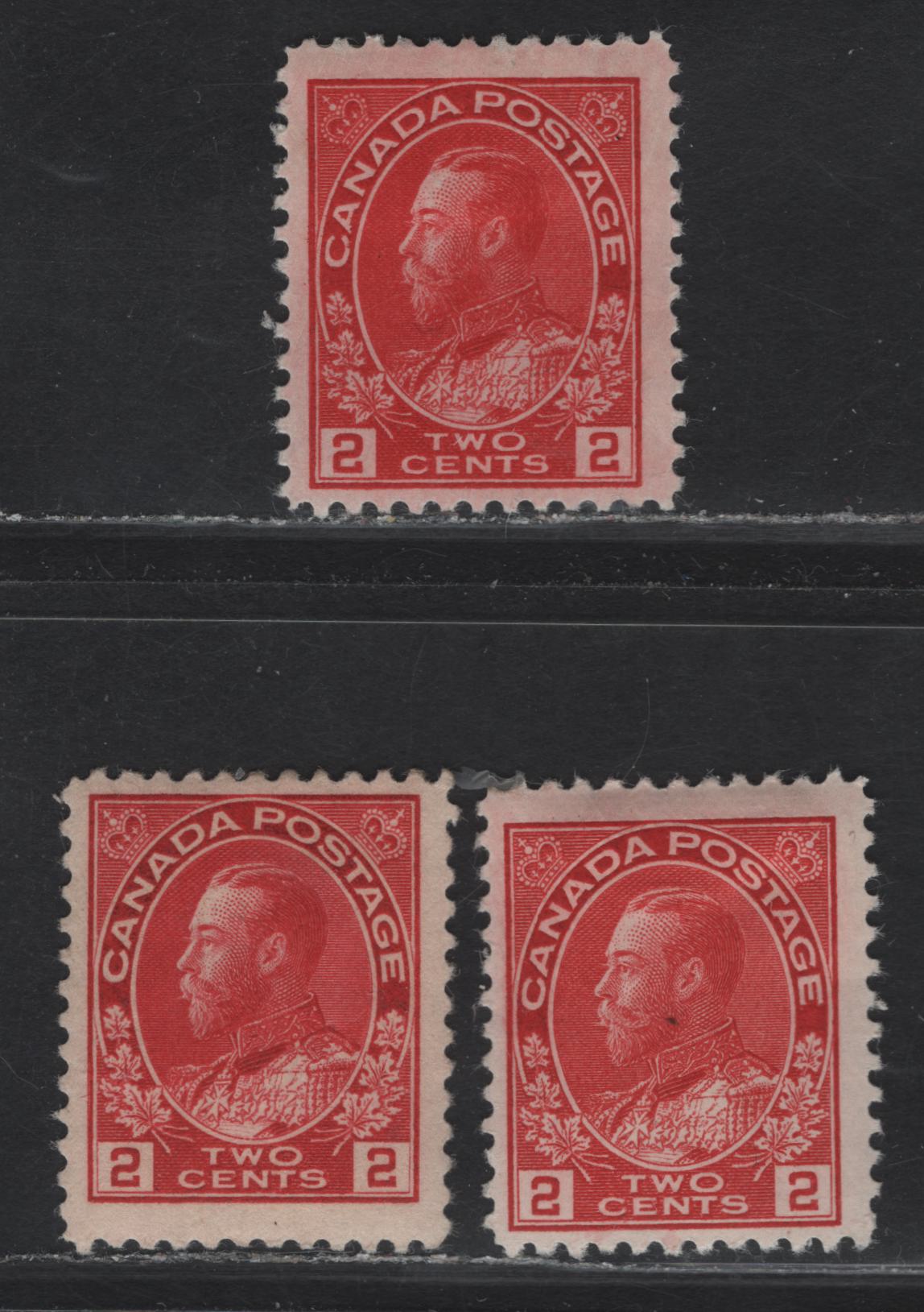 Lot 97 (C) Canada  #106vii, 106 2c Red, Carmine Red & Bright Carmine Red King George V, 1911-1925 Admiral Issue, 3 FOG Singles, Paper ABN-E, Retouched Framelines, Perfs 11.9 & 12x11.8.
