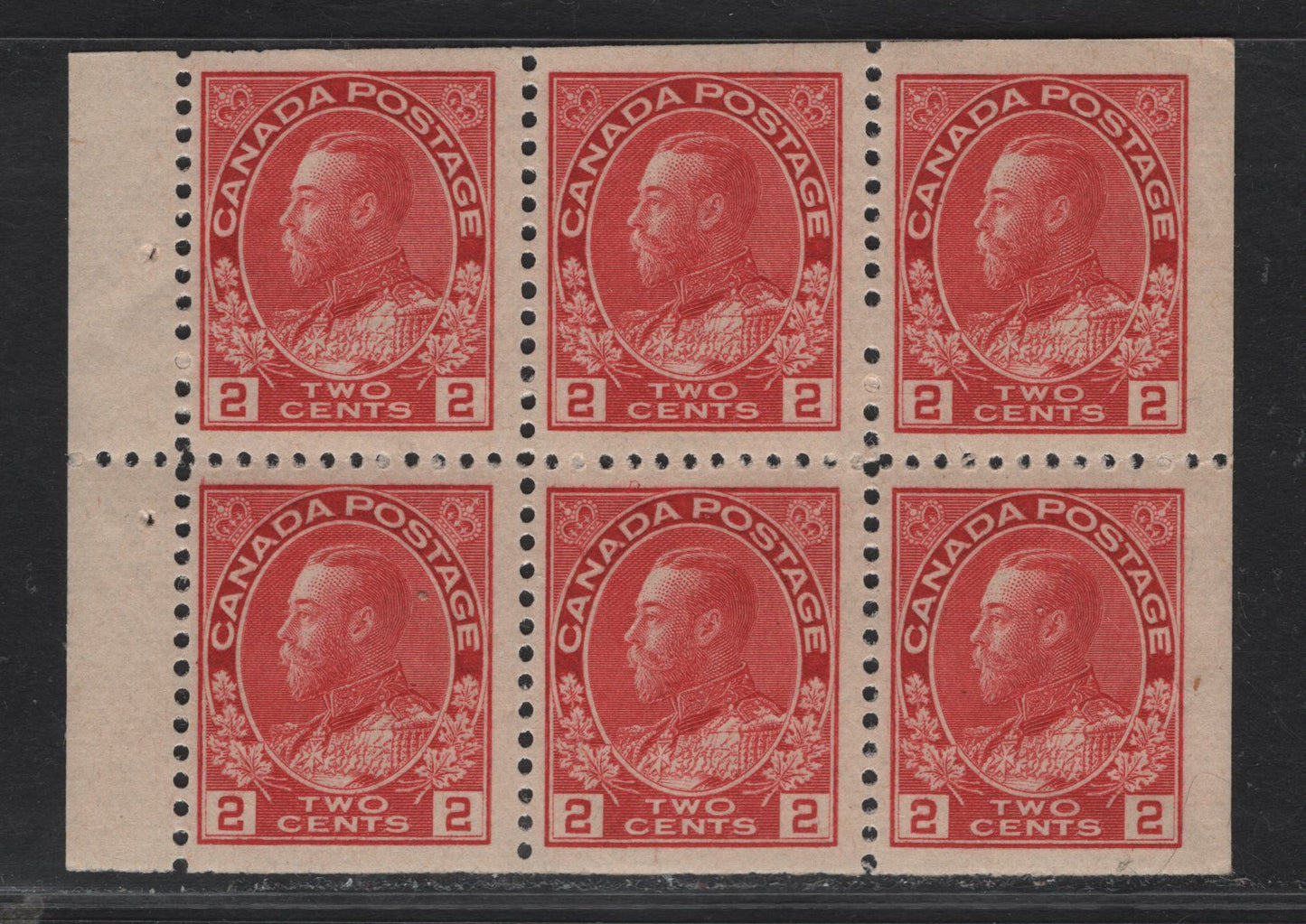Lot 98 (C) Canada  #106avs 2c Dull Carmine Red King George V, 1911-1925 Admiral Issue, A VFNH Booklet Pane Of 6, Paper ABN-B, Retouched Frameline, Perf 12x11.8.