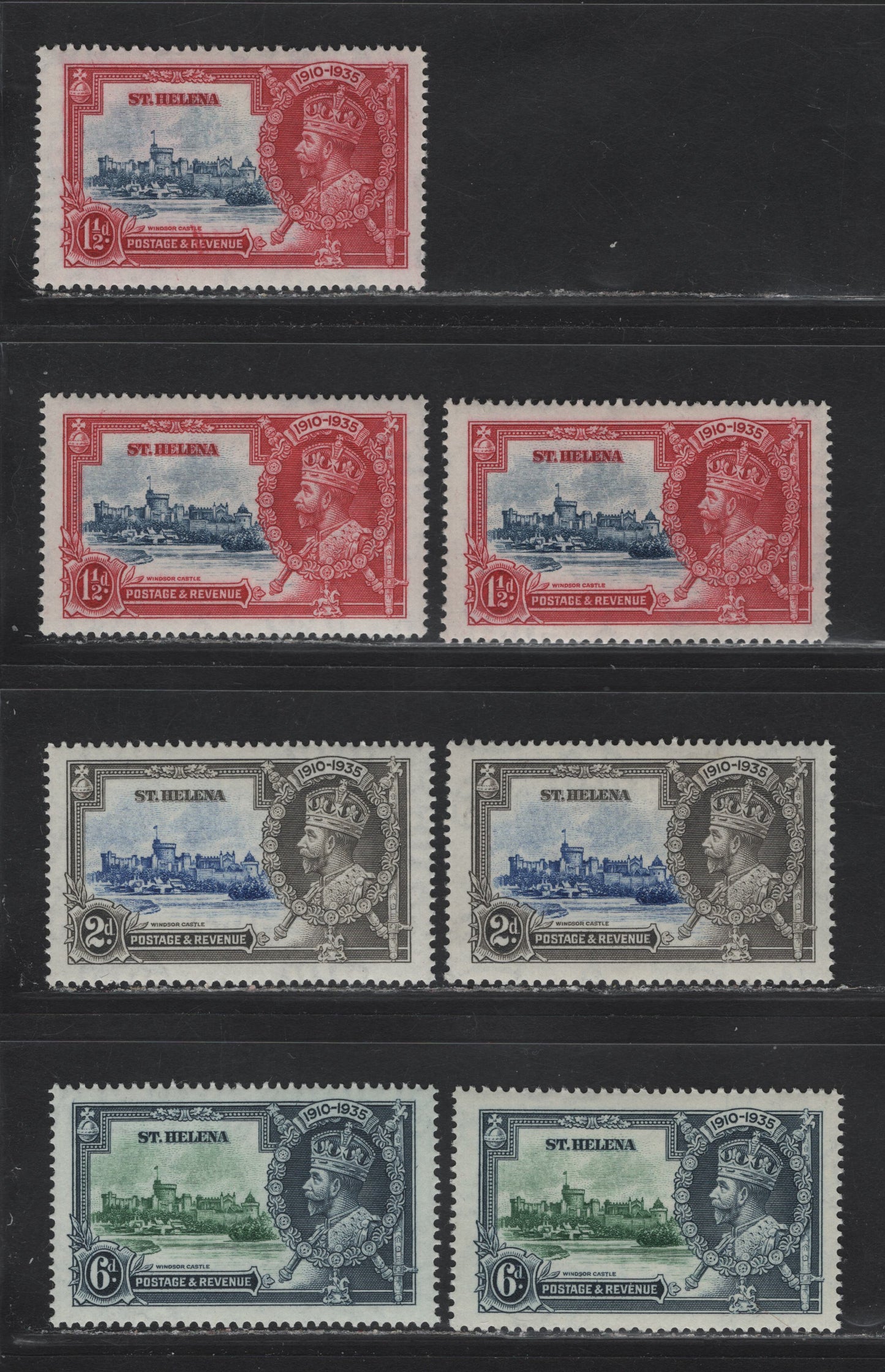 Lot 100 St Helena SG#124-126 1.5d - 6d Deep Blue & Carmine - Green & Indigo KGV & Windsor Castle, 1935 Silver Jubilee Issue, 7 VFOG Singles, Shade Lot Showing Subtle Variations In Both Frame & Vignette Shades