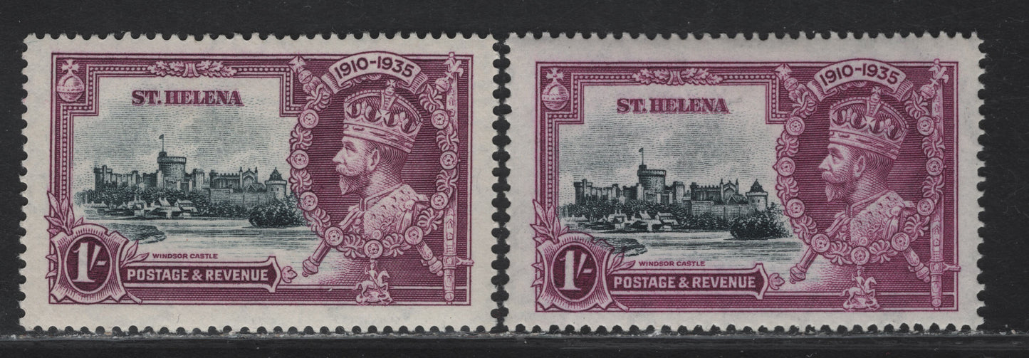 Lot 101 St Helena SG#127 1/- Slate & Purple/Bright Purple KGV & Windsor Castle, 1935 Silver Jubilee Issue, 2 VFOG Singles, Two Different Shades Of The Frame