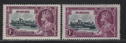 Lot 101 St Helena SG#127 1/- Slate & Purple/Bright Purple KGV & Windsor Castle, 1935 Silver Jubilee Issue, 2 VFOG Singles, Two Different Shades Of The Frame