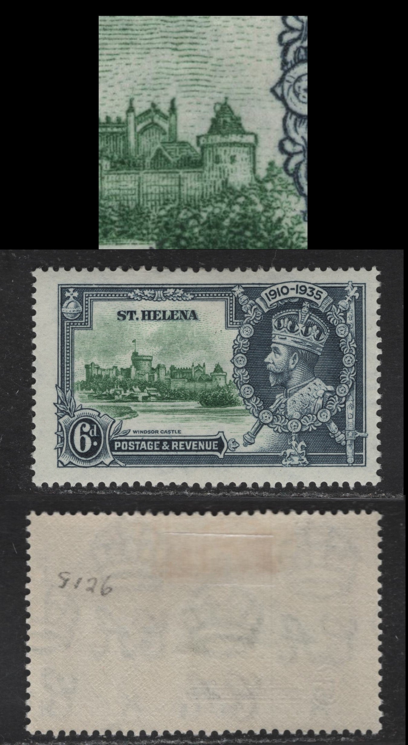 Lot 104 St Helena SG#126var 6d Green & Indigo KGV & Windsor Castle, 1935 Silver Jubilee Issue, A VFOG Single, Flag on Roof of Curfew Tower, Possibly Constant