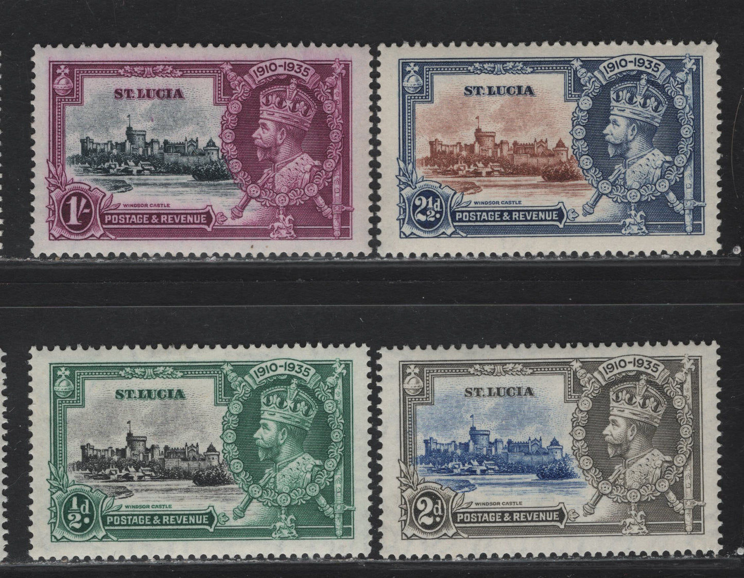 Lot 108 St. Lucia SG#109-112 1/2d - 1/- Black & Green - Slate & Purple KGV & Windsor Castle, 1935 Silver Jubilee Issue, 4 VFOG Singles, Basic Hinged Set