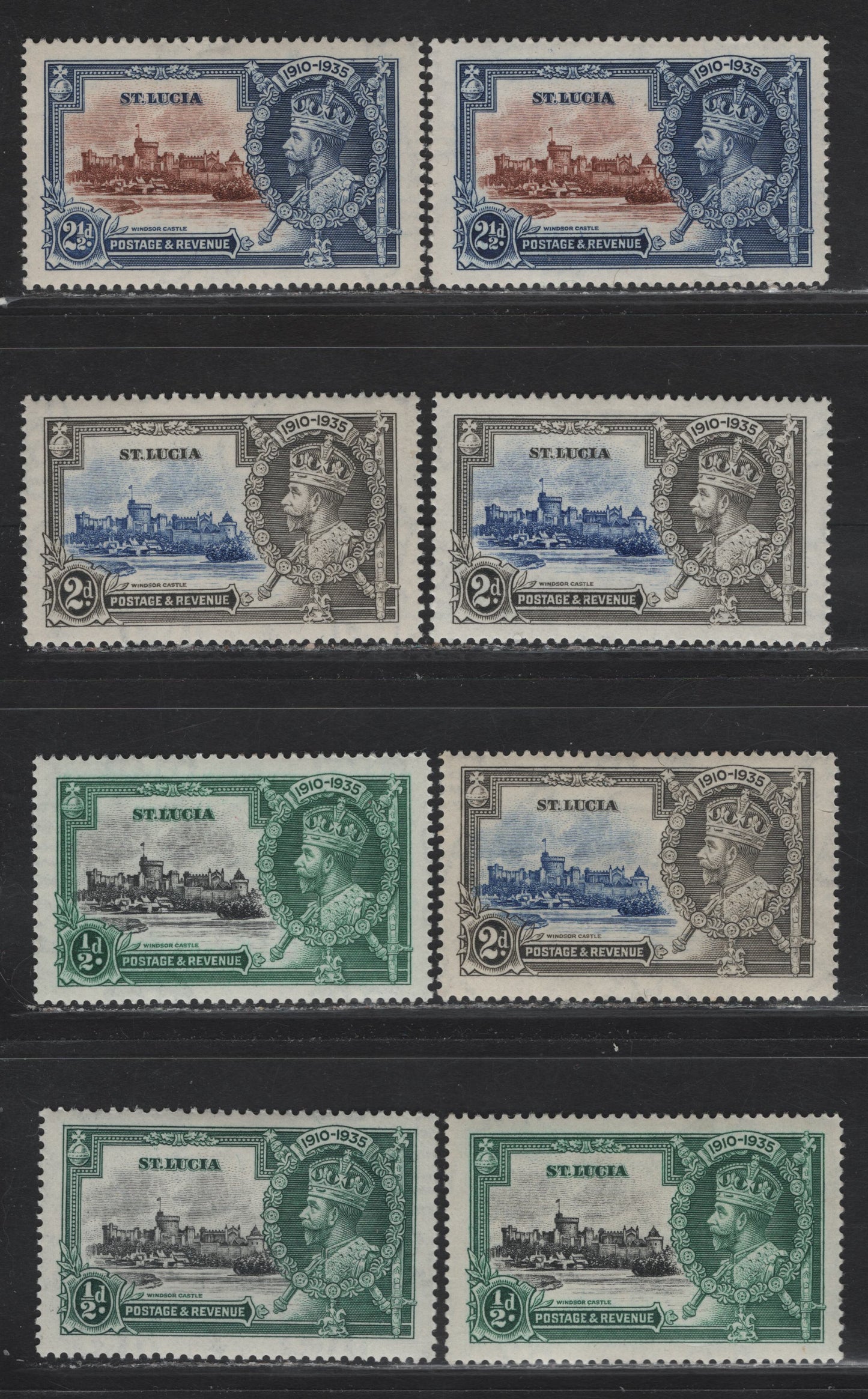 Lot 109 St. Lucia SG#109-111 1/2d - 2.5d Black & Myrtle Green - Orange Brown & Deep Blue KGV & Windsor Castle, 1935 Silver Jubilee Issue, 3 F/VFOG Singles, Shade Lot Showing Subtle Variations In Both Frame & Vignette Shades
