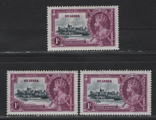 Lot 110 St. Lucia SG#112 1/- Slate/Bluish Slate & Bright Purple KGV & Windsor Castle, 1935 Silver Jubilee Issue, 3 VFOG Singles, Three Different Shades Of The Frame & Vignette Plates, Different Shades Than Lots 111 & 112