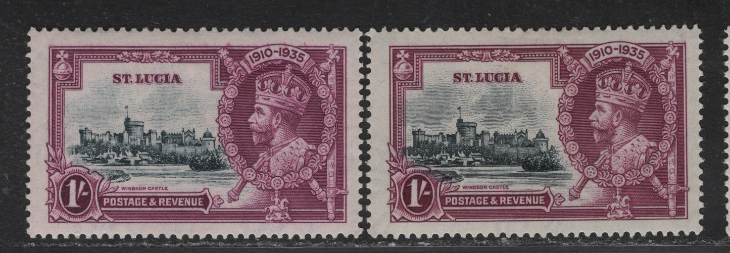 Lot 111 St. Lucia SG#112var 1/- Pale Slate & Bright Reddish Purple - Slate & Plum KGV & Windsor Castle, 1935 Silver Jubilee Issue, 2 VFOG Singles, Different Shades Than Lots 110 & 112