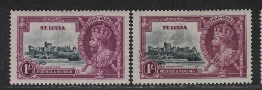 Lot 111 St. Lucia SG#112var 1/- Pale Slate & Bright Reddish Purple - Slate & Plum KGV & Windsor Castle, 1935 Silver Jubilee Issue, 2 VFOG Singles, Different Shades Than Lots 110 & 112