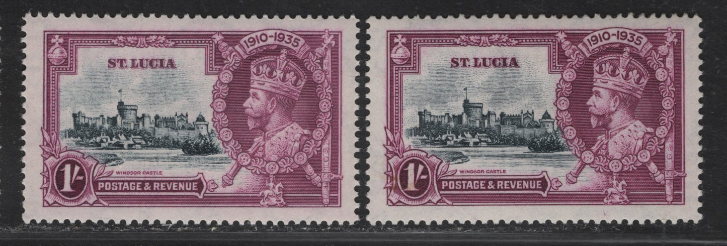Lot 112 St. Lucia SG#112var 1/- Pale Slate & Bright Milky Rose Purple - Slate & Rose Purple KGV & Windsor Castle, 1935 Silver Jubilee Issue, 2 VFOG Singles, Different Shades Than Lots 110 & 111