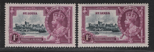 Lot 112 St. Lucia SG#112var 1/- Pale Slate & Bright Milky Rose Purple - Slate & Rose Purple KGV & Windsor Castle, 1935 Silver Jubilee Issue, 2 VFOG Singles, Different Shades Than Lots 110 & 111