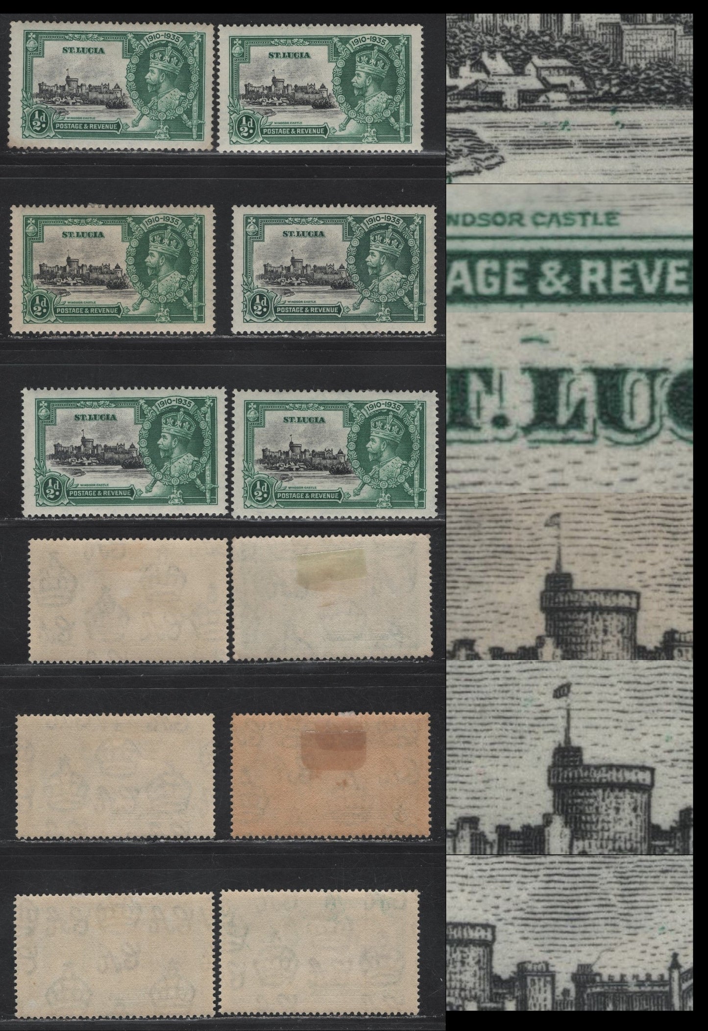 Lot 113 (C) St. Lucia SG#109var 1/2d Black & Myrtle Green KGV & Windsor Castle, 1935 Silver Jubilee Issue, 6 VFOG Singles, Frame & Vignette Plate Flaws, Some Of Which May Be Constant