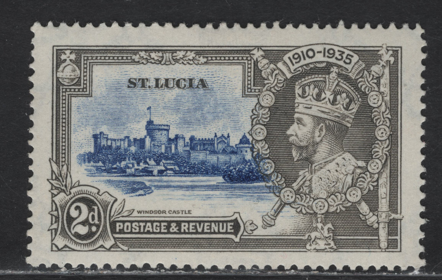 Lot 114 (C) St. Lucia SG#110var 2d Ultramarine & Gray KGV & Windsor Castle, 1935 Silver Jubilee Issue, A VFOG Single, Showing Dramatic Upward Shift Of Vignette